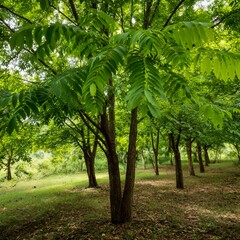Fototapeta premium a stand of green black walnut trees with large pinnate leaves in a rural woodland