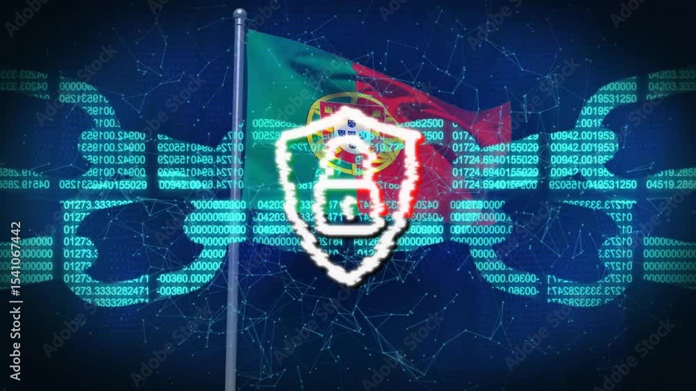 Poster code streaming over waving portuguese flag causing glitch, shield pulsing for data protection