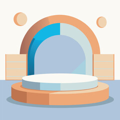 A minimalist stage mockup with soft pale blue, crisp white, and warm tan backdrop