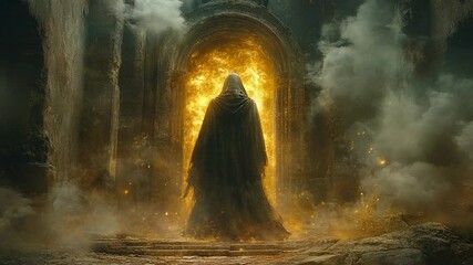 Fiery Portal with Dark Fantasy, and Hooded Figure.