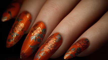Woman hand with stylish manicure. Orange, gold colors nail polish design with autumn forest themed illustration, holding autumn leaf. Perfect for beauty salon promotion, seasonal nail art, october
