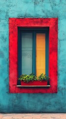 Obraz premium a blue wall with a red window and a plant in the w