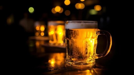 Full mug of golden beer with foam head on a dark bar counter with bokeh lights, party drink footage.