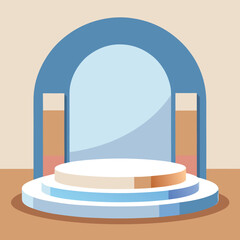 A minimalist stage mockup with soft pale blue, crisp white, and warm tan backdrop