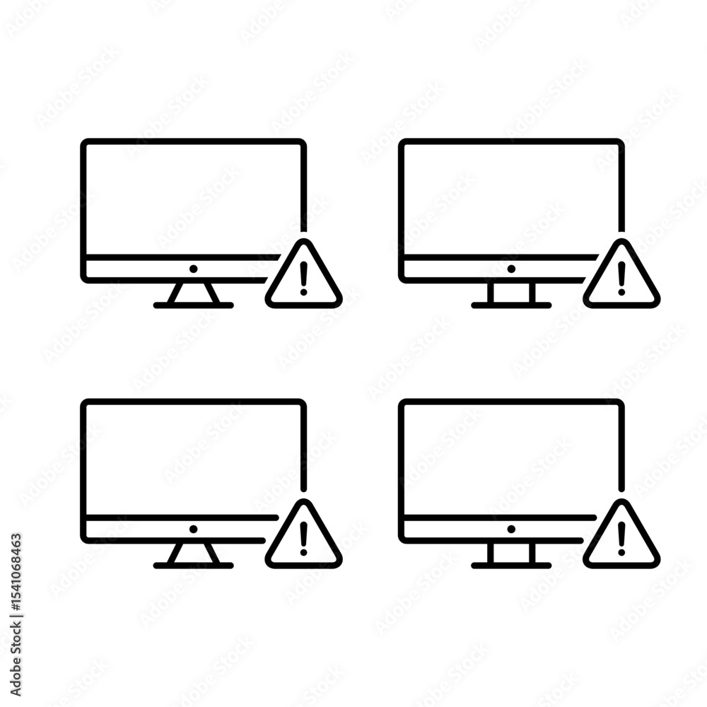 Poster computer error icon set in line style. warning sign on pc screen symbol