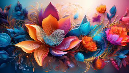 vibrant abstract floral art with bold colors and intricate details on a serene background