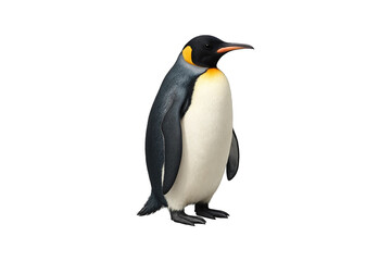 Close-up of an emperor penguin standing upright on a white background, showcasing its black and white plumage with a bright yellow-orange patch on the neck