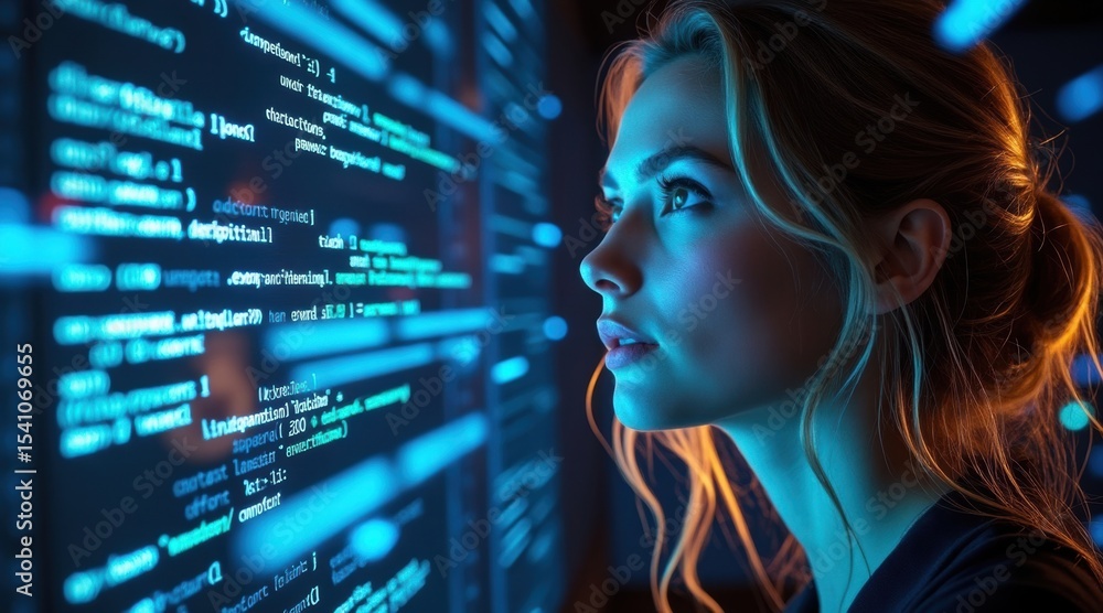Poster a focused woman studies computer code displayed on a glowing screen in a dark room, highlighting con