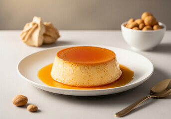 Fototapeta premium caramel flan dessert with golden light reflection on clean background food photography
