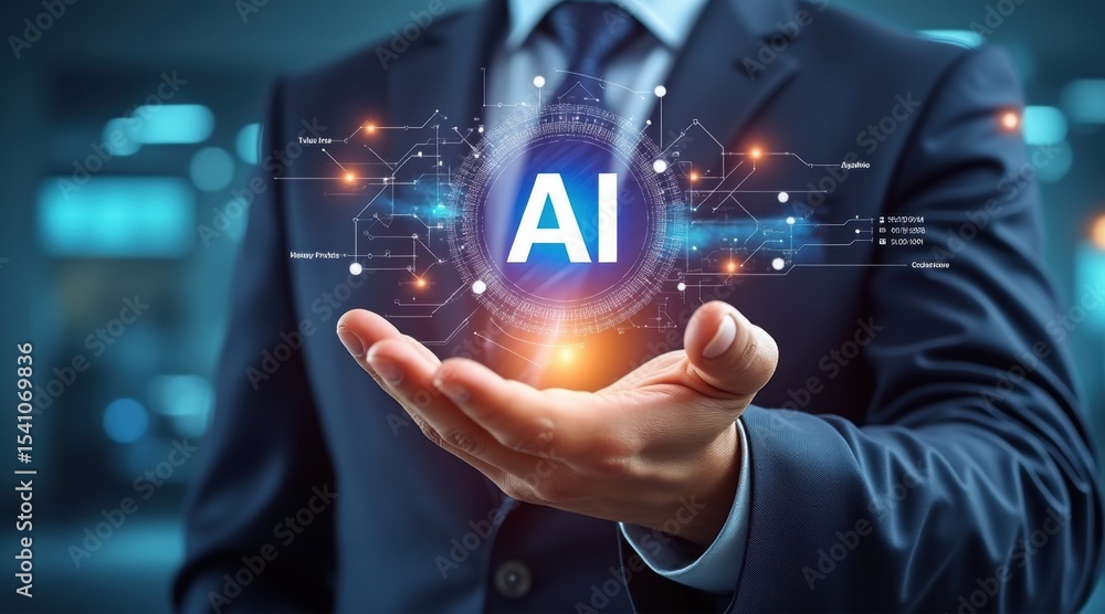 Poster a businessman in a suit holds a glowing ai symbol surrounded by digital data connections and circuit