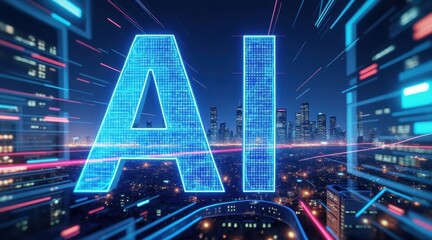 Large glowing blue "AI" letters dominate a futuristic cityscape at night, symbolizing advanced artificial intelligence technology and digital innovation.