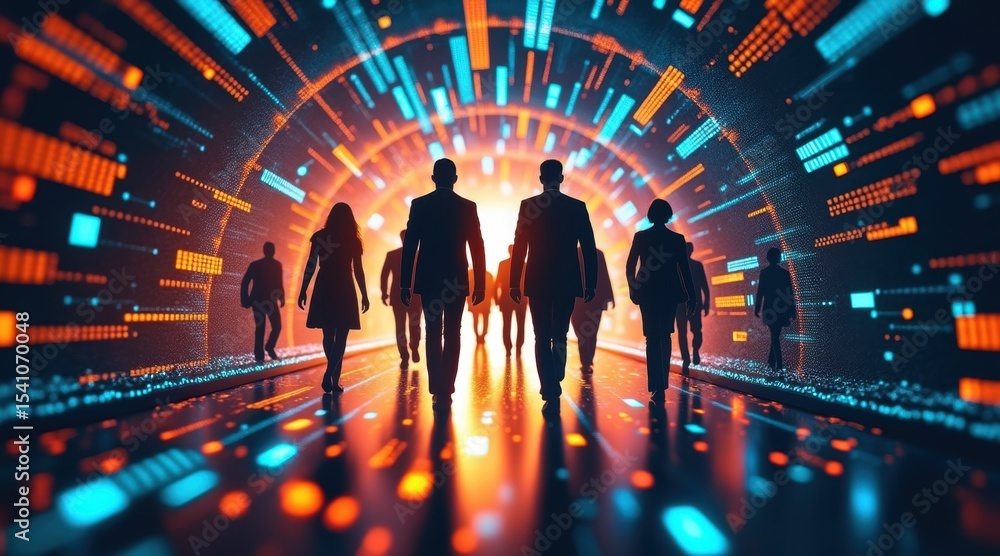 Poster silhouettes of people walking through a tunnel filled with vibrant digital data streams and futurist