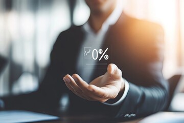 Businessman holds 0% symbol