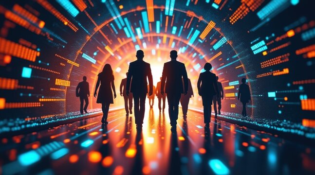 Silhouettes of people walking through a tunnel filled with vibrant digital data streams and futuristic light patterns.