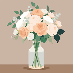 Elegant Peach and White Rose Bouquet in Glass Vase Floral Illustration