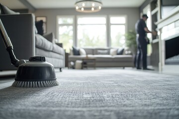 Vacuum cleaner on carpet in a spacious living room.  A worker is seen in the background