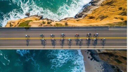 Aerial Top-Down Drone View of Cyclists Racing on a Coastal Bridge Over the Ocean