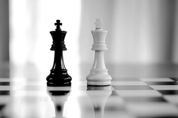 Two chess kings, black and white, face each other on a checkered board.  A grayscale image of strategic opposition