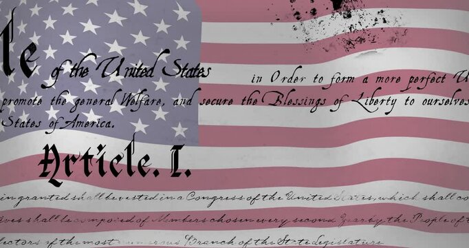 Waving flag launching text fading, sliding and ink-splat effect revealing Article I over stripes