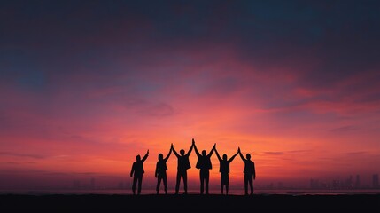 Silhouette of happy business team high-fiving against vibrant sunset sky, teamwork and success concept
