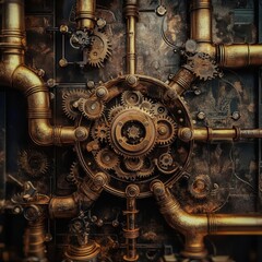 A steampunk neural network with brass pipes and gears forming connections