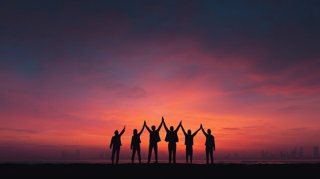 Silhouette of happy business team high-fiving against vibrant sunset sky, teamwork and success concept