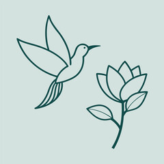Hummingbird and Magnolia Flower Line Art Elegant Nature Illustration