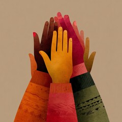 Flat vector illustration of multinational hands stacked together, representing unity and diversity