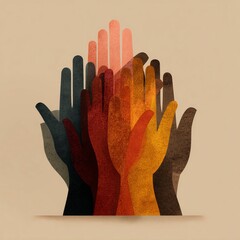Flat vector illustration of multinational hands stacked together, representing unity and diversity