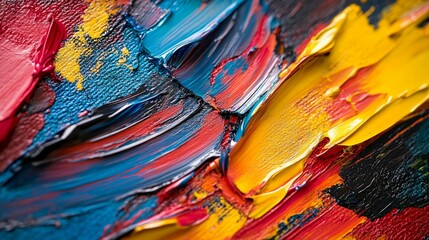 Abstract painting with thick impasto strokes of vibrant colors.  Close-up view of textured paint application