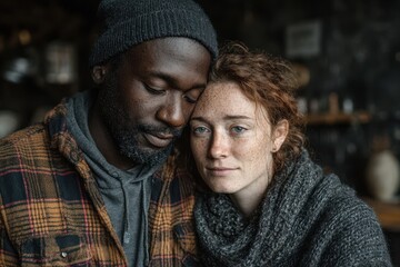 An emotionally supportive scene where a man is comforting an anxious woman as they gaze into each other's eyes.