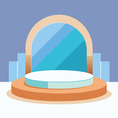 A minimalist stage mockup with soft pale blue, crisp white, and warm tan backdrop