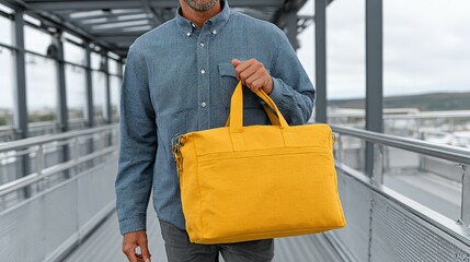 A person carries a bright yellow tote bag.