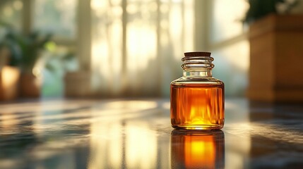 Amber liquid in a small glass bottle sits on a polished surface, bathed in warm sunlight filtering through windows.  Soft natural light creates a serene ambiance