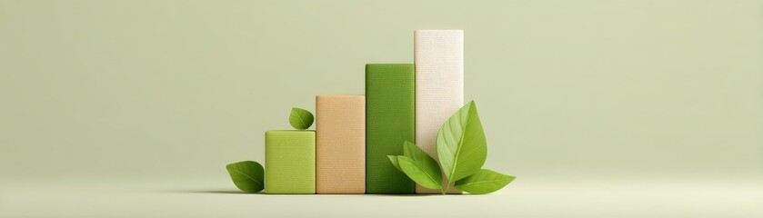 Recycling for Impact in a Growing Green Business World, Visual representation of growth with green bars and leaves on a soft background.