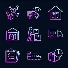 Delivery icons illuminated in neon gradient. Icon symbol illustration