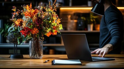 Autumn-themed floral arrangement on a wooden desk, with a person working on a laptop in the background