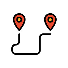 Destination route symbolized with location markers. Icon symbol illustration