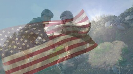 Military soldier spotting wounded comrade pulling him up for advance under animated American flag - Powered by Adobe