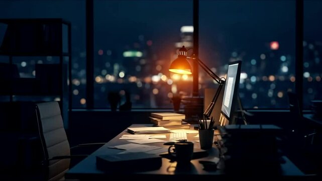 Dark office with computer desk lamp and cityscape view Papers books and a mug litter the desk (AI Video)