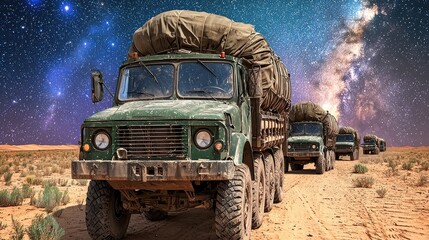 Naklejka premium Military Truck Convoy Under Starry Desert Night Sky