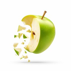 Green Apple Slices Exploding into Pieces, Fresh Fruit, Food Photography, Creative Concept, Isolated on White Background, Healthy Snack