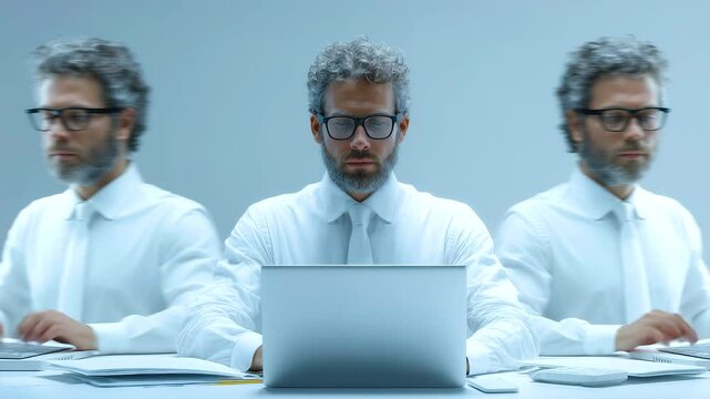 Man multitasking on laptop in busy office environment using computer technology for efficient business work and seamless multitasking tasks