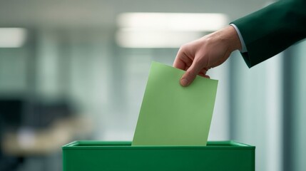 Recycling for Impact in a Growing Green Business World, A hand placing a green ballot into a green box in a modern office setting.