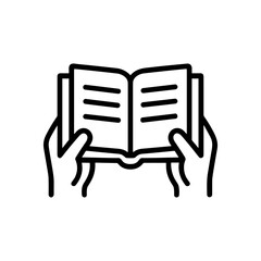 Hands holding open book with lines. Icon symbol illustration