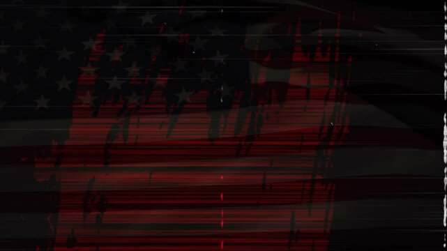 Red scan lines sweeping glitching American flag flickering vertical tear visualizing glitch effect