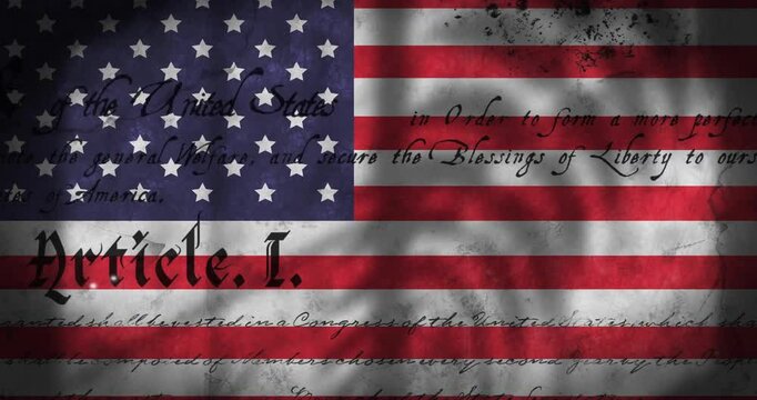 Flag fading in, stripes shifting, parchment text scrolling, Article I appearing to highlight unity