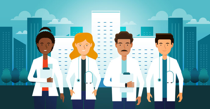 Practicantes de medicina y enfermeros trabajando en un hospital urbano &ndash; equipo diverso de profesionales de la salud con bata blanca y estetoscopio en una ciudad moderna