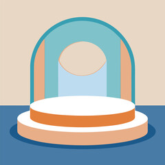 A minimalist stage mockup with soft pale blue, crisp white, and warm tan backdrop