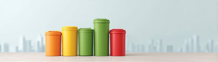 Recycling for Impact in a Growing Green Business World, Colorful waste bins arranged in a line, symbolizing recycling and environmental awareness.